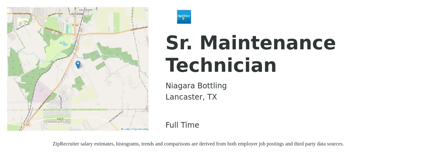 Niagara Bottling job posting for a Sr. Maintenance Technician in Lancaster, TX with a salary of $22 to $31 Hourly with a map of Lancaster location.