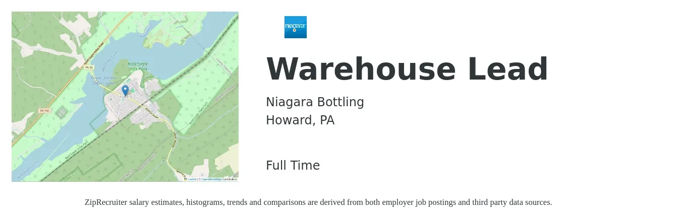 Niagara Bottling job posting for a Warehouse Lead in Howard, PA with a salary of $22 Hourly with a map of Howard location.