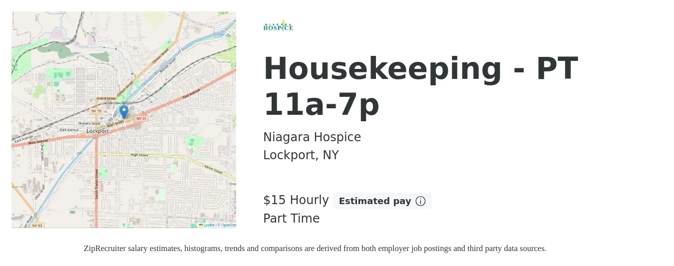 Niagara Hospice job posting for a Housekeeping - PT 11a-7p in Lockport, NY with a salary of $16 Hourly with a map of Lockport location.