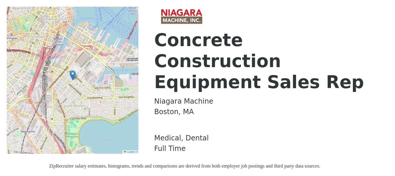 Niagara Machine job posting for a Concrete Construction Equipment Sales Rep in Boston, MA with a salary of $61,400 to $98,900 Yearly and benefits including dental, medical, pto, and retirement with a map of Boston location.