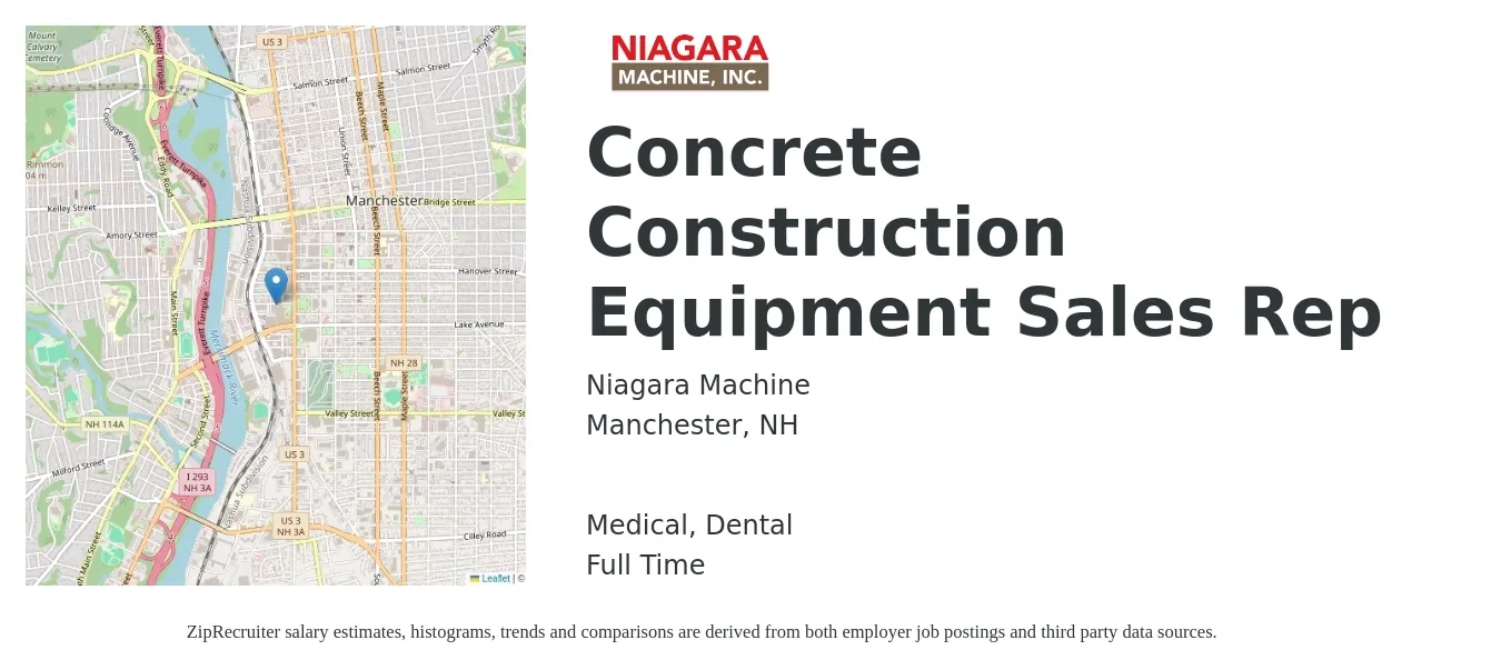 Niagara Machine job posting for a Concrete Construction Equipment Sales Rep in Manchester, NH with a salary of $56,300 to $90,600 Yearly and benefits including medical, pto, retirement, and dental with a map of Manchester location.