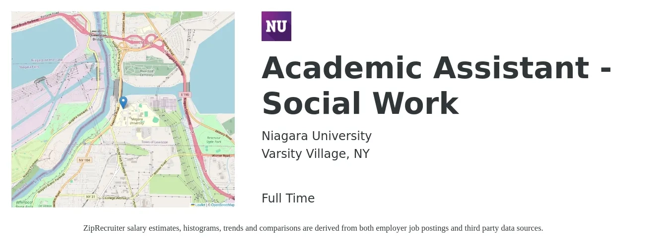 Niagara University job posting for a Academic Assistant - Social Work in Varsity Village, NY with a salary of $14 to $19 Hourly with a map of Varsity Village location.