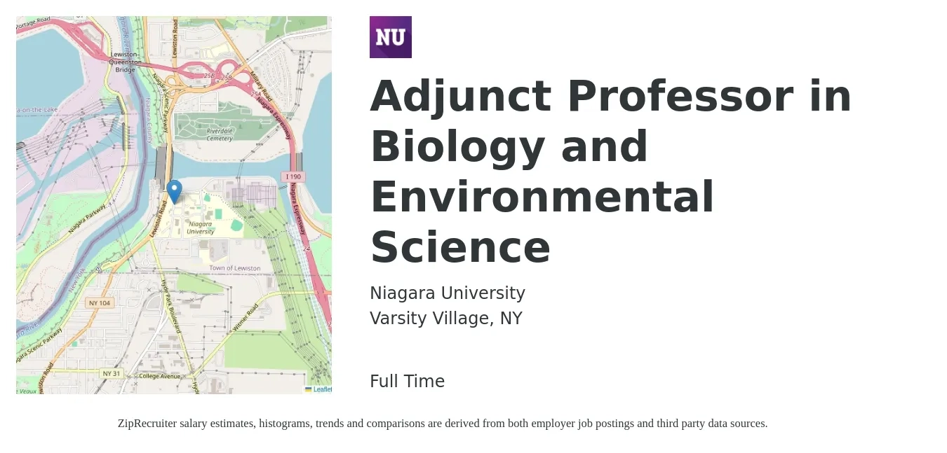 Niagara University job posting for a Adjunct Professor in Biology and Environmental Science in Varsity Village, NY with a salary of $63 to $66 Hourly with a map of Varsity Village location.
