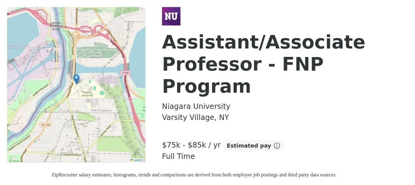Niagara University job posting for a Assistant/Associate Professor - FNP Program in Varsity Village, NY with a salary of $75,000 to $85,000 Yearly with a map of Varsity Village location.