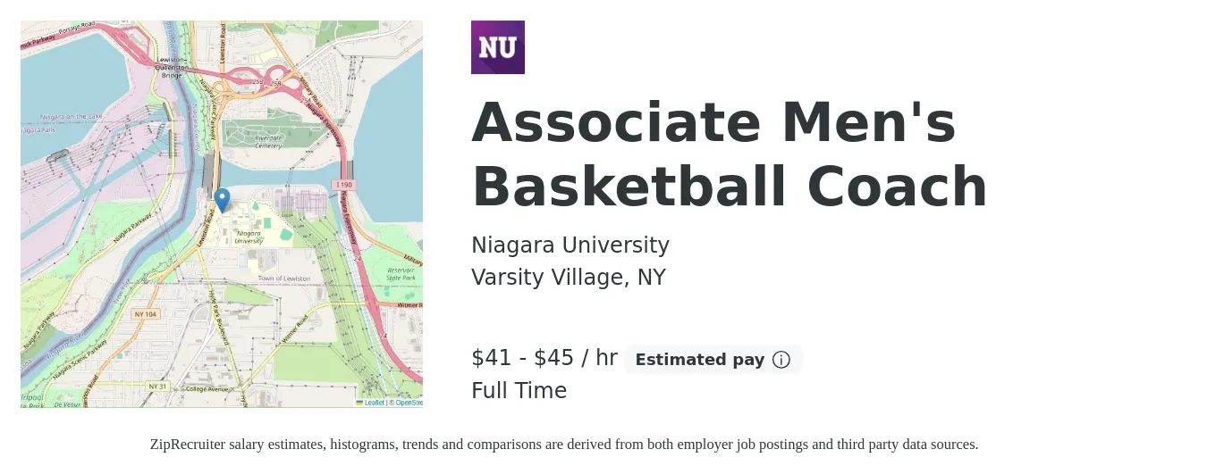Niagara University job posting for a Assistant Men's Basketball Coach in Varsity Village, NY with a salary of $90,000 to $98,800 Yearly with a map of Varsity Village location.