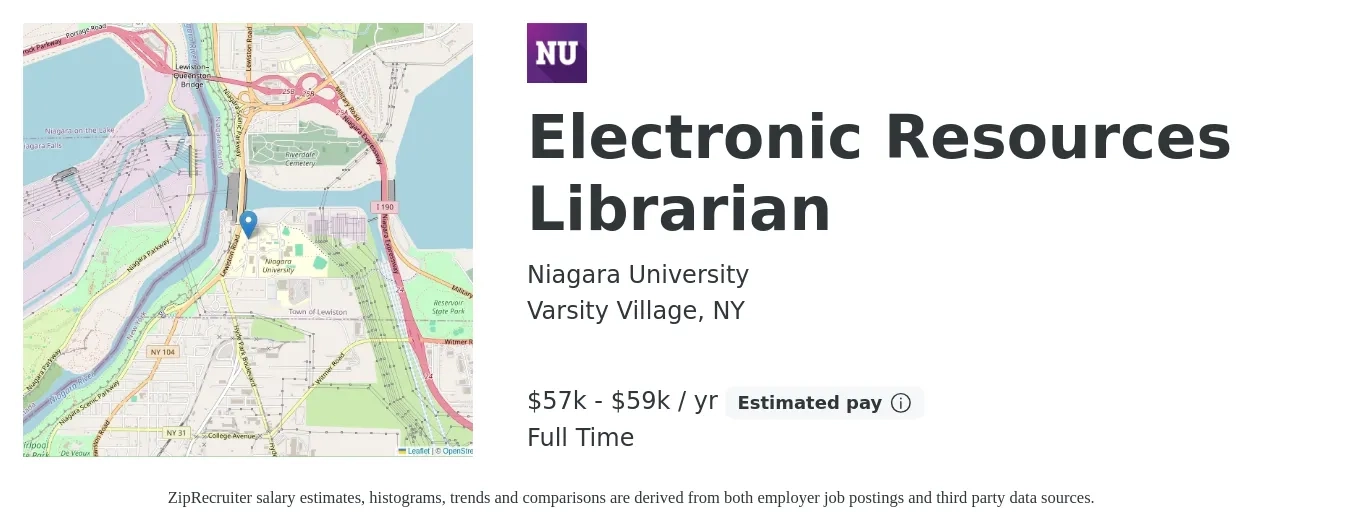 Niagara University job posting for a Electronic Resources Librarian in Varsity Village, NY with a salary of $57,000 to $59,000 Yearly with a map of Varsity Village location.