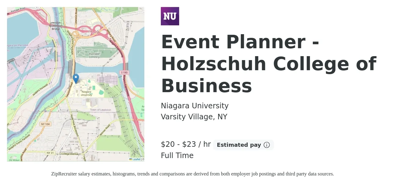 Niagara University job posting for a Event Planner - Holzschuh College of Business in Varsity Village, NY with a salary of $45,000 to $50,000 Yearly with a map of Varsity Village location.