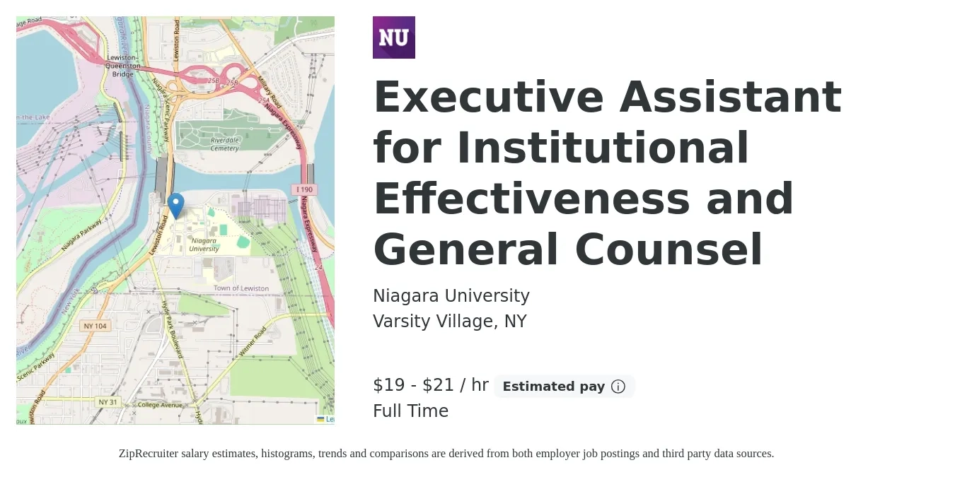 Niagara University job posting for a Executive Assistant for Institutional Effectiveness and General Counsel in Varsity Village, NY with a salary of $20 to $22 Hourly with a map of Varsity Village location.