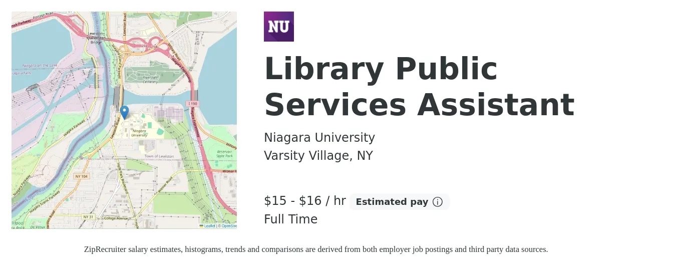 Niagara University job posting for a Library Public Services Assistant in Varsity Village, NY with a salary of $16 to $18 Hourly with a map of Varsity Village location.