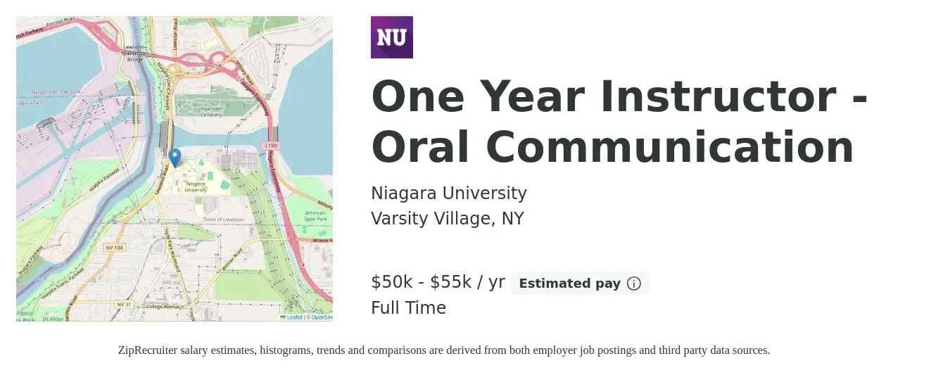 Niagara University job posting for a One Year Instructor - Oral Communication in Varsity Village, NY with a salary of $50,000 to $55,000 Yearly with a map of Varsity Village location.