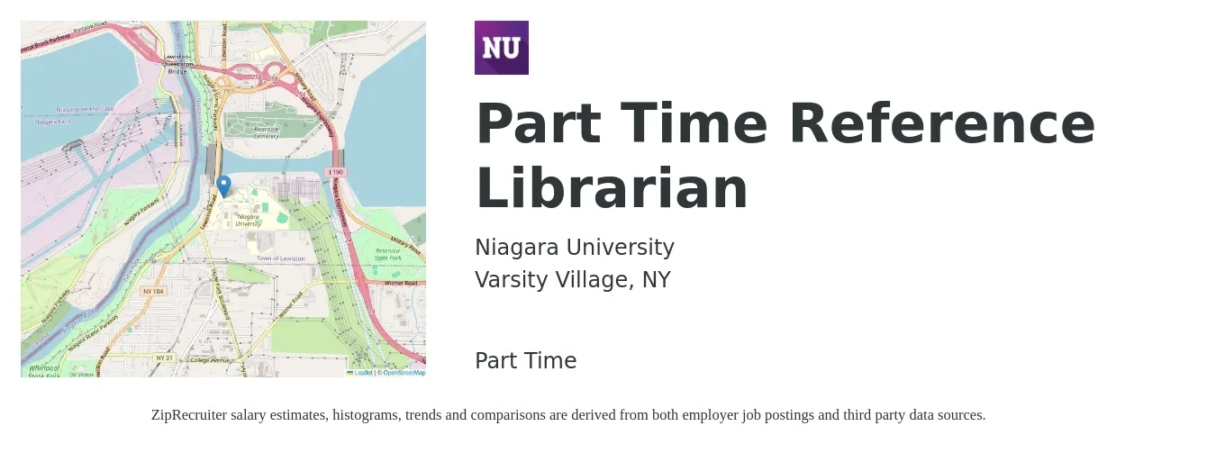 Niagara University job posting for a Part Time Reference Librarian in Varsity Village, NY with a salary of $44,700 to $65,400 Yearly with a map of Varsity Village location.