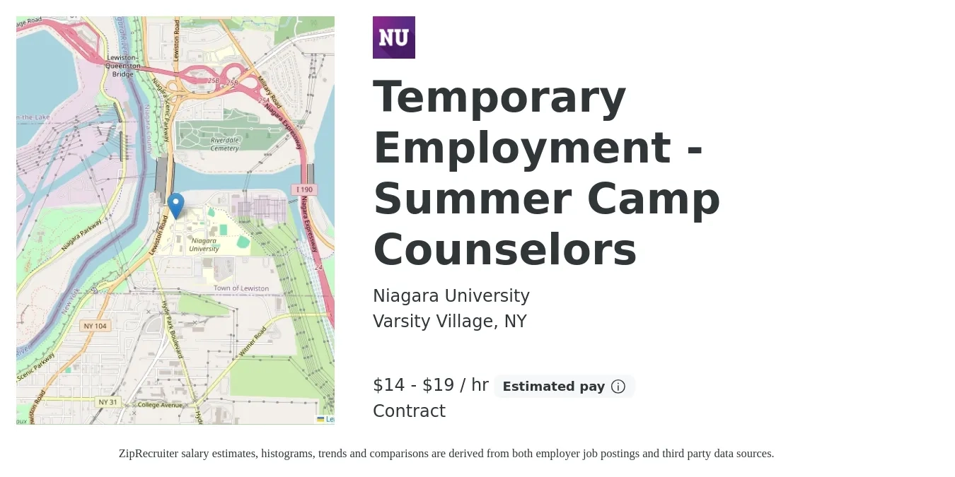Niagara University job posting for a Temporary Employment - Summer Camp Counselors in Varsity Village, NY with a salary of $15 to $20 Hourly with a map of Varsity Village location.
