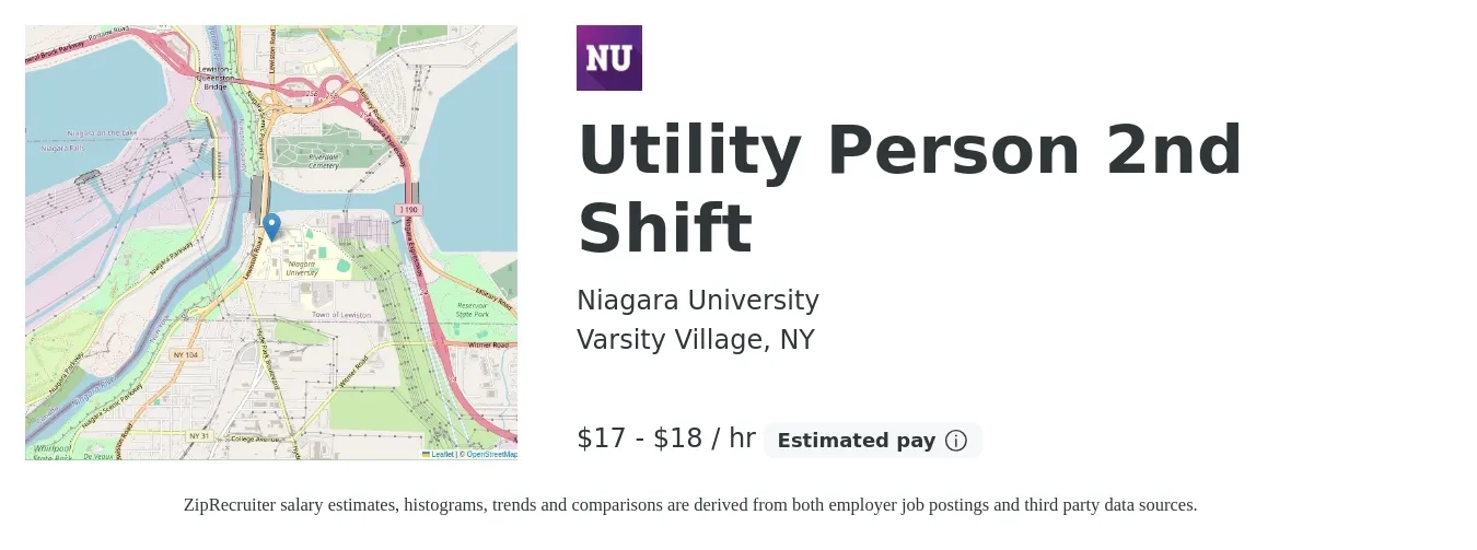Niagara University job posting for a Utility Person 2nd Shift in Varsity Village, NY with a salary of $18 to $19 Hourly with a map of Varsity Village location.
