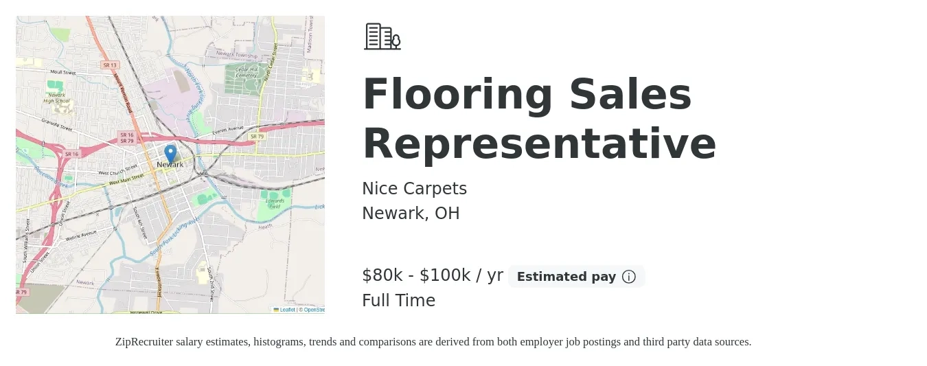Nice Carpets job posting for a Flooring Sales Representative in Newark, OH with a salary of $40,000 to $100,000 Yearly with a map of Newark location.