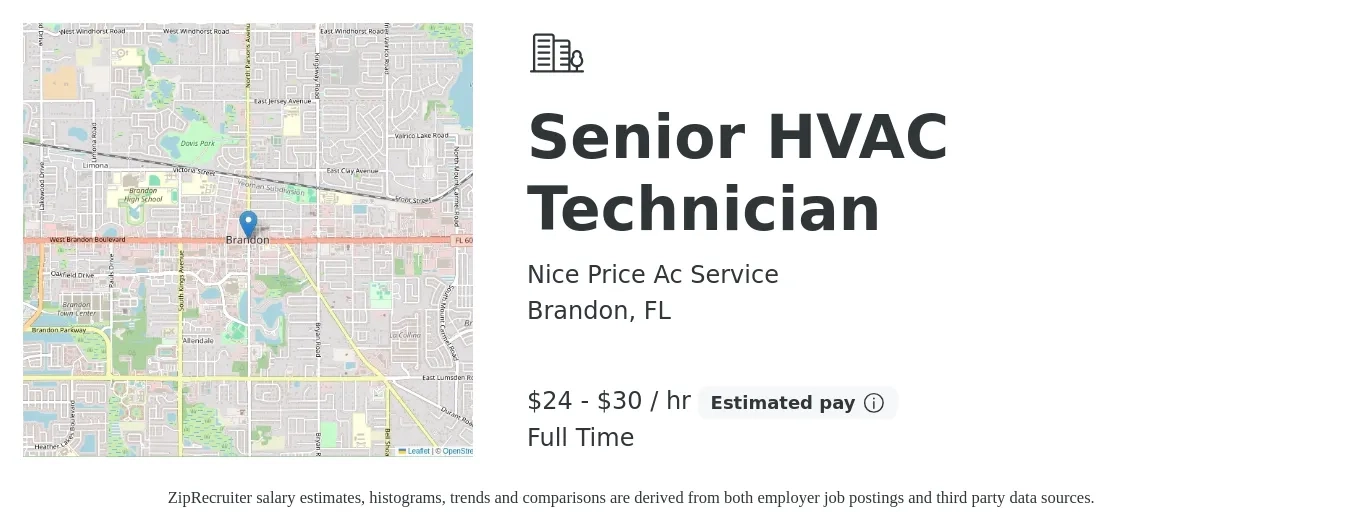 Nice Price Ac Service job posting for a Senior HVAC Technician in Brandon, FL with a salary of $25 to $32 Hourly (plus commission) and benefits including pto with a map of Brandon location.