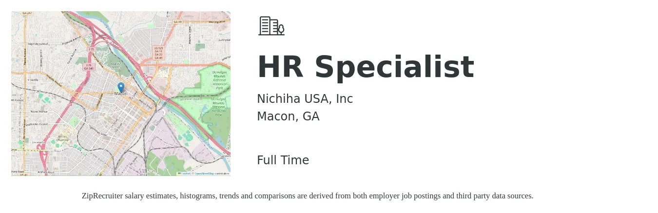 Nichiha USA, Inc job posting for a HR Specialist in Macon, GA with a salary of $39,300 to $82,300 Yearly with a map of Macon location.
