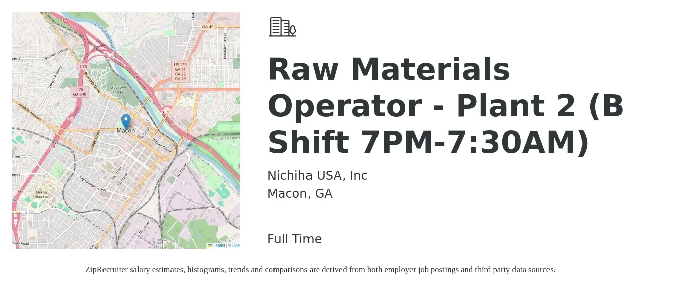 Nichiha USA, Inc job posting for a Raw Materials Operator - Plant 2 (B Shift 7PM-7:30AM) in Macon, GA with a salary of $14 to $22 Hourly with a map of Macon location.
