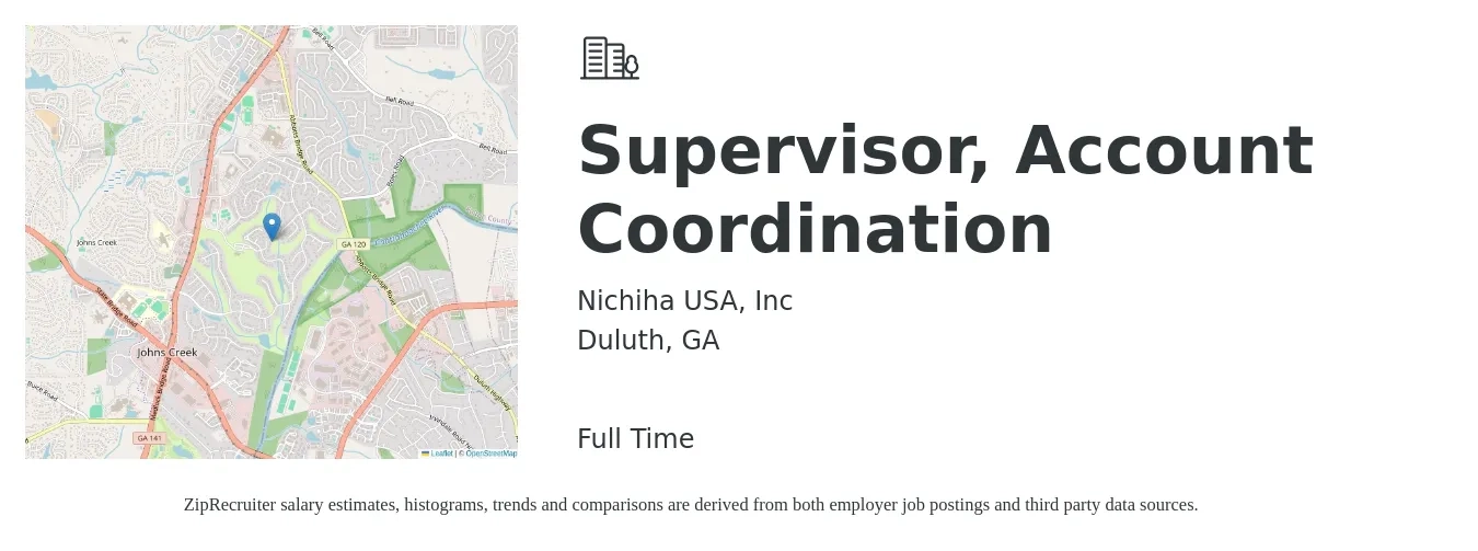 Nichiha USA, Inc job posting for a Supervisor, Account Coordination in Duluth, GA with a salary of $44,200 to $72,300 Yearly with a map of Duluth location.