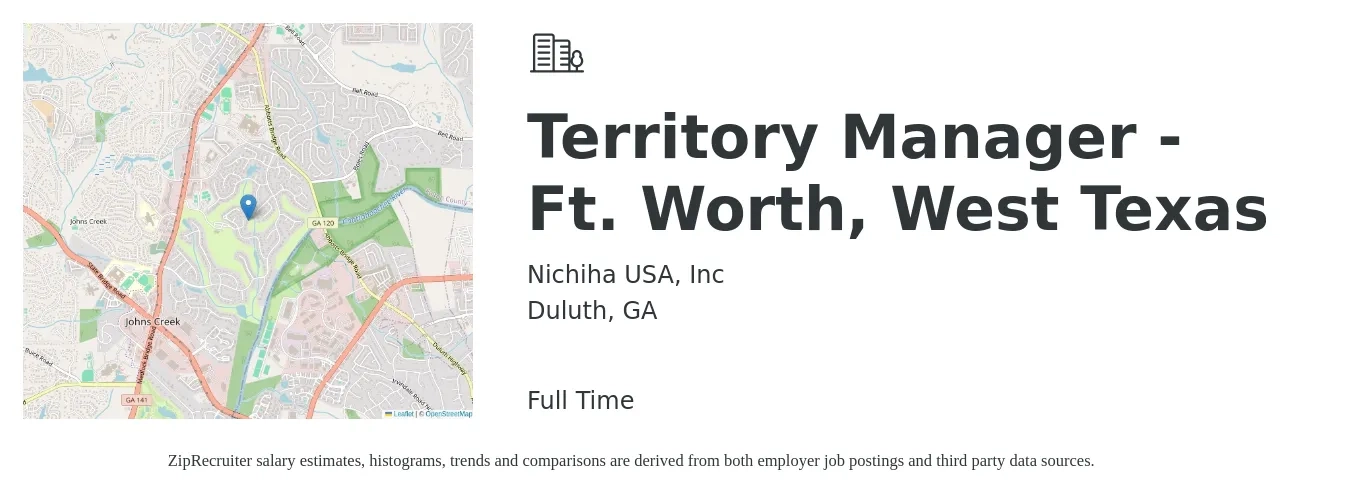 Nichiha USA, Inc job posting for a Territory Manager - Ft. Worth, West Texas in Duluth, GA with a salary of $69,100 to $102,700 Yearly with a map of Duluth location.