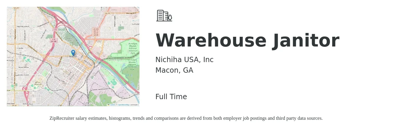 Nichiha USA, Inc job posting for a Warehouse Janitor in Macon, GA with a salary of $14 to $18 Hourly with a map of Macon location.