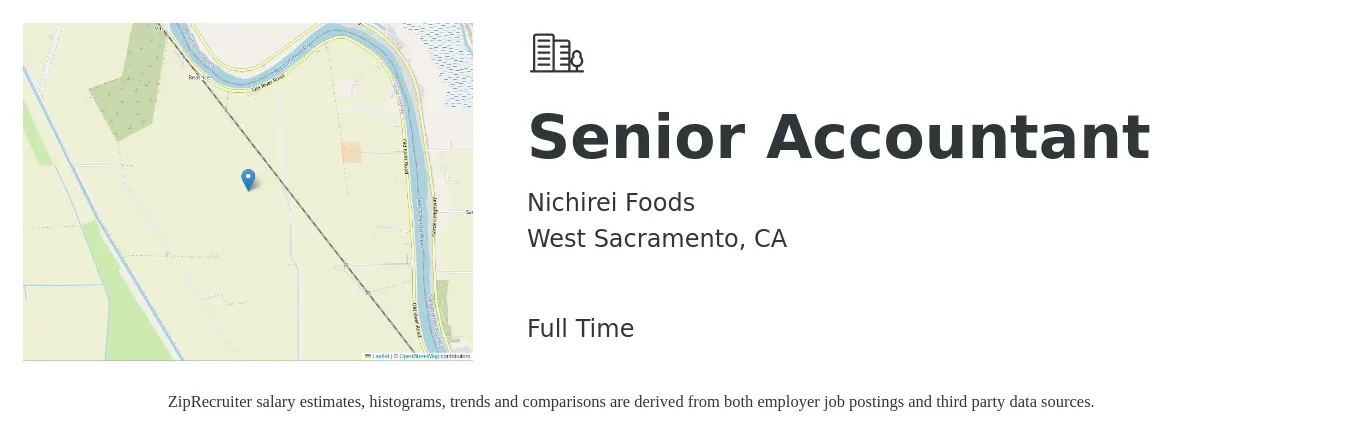 Nichirei Foods job posting for a Senior Accountant in West Sacramento, CA with a salary of $80,000 to $90,000 Yearly with a map of West Sacramento location.