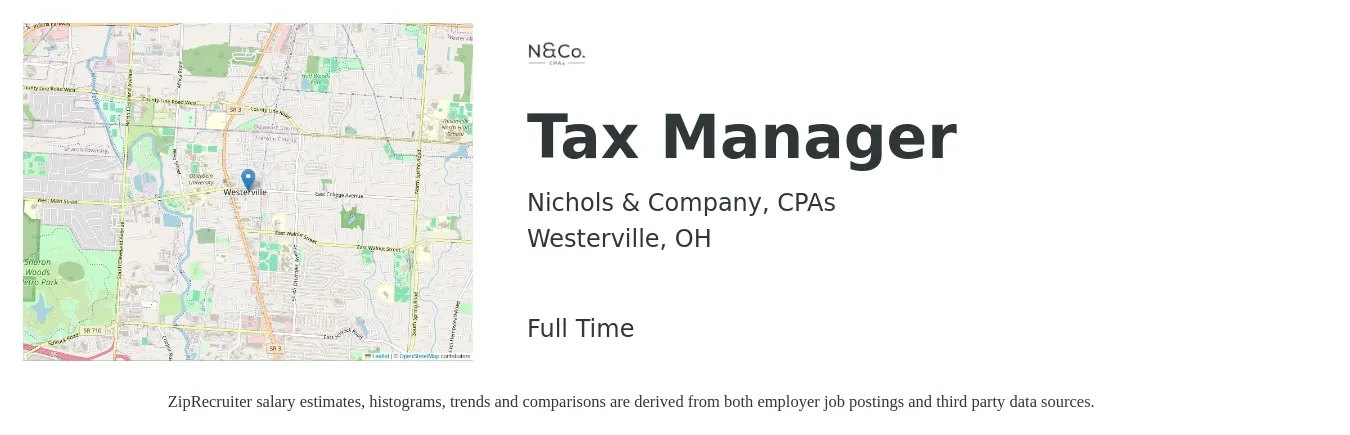 Nichols & Company, CPAs job posting for a Tax Manager in Westerville, OH with a salary of $107,700 to $141,100 Yearly with a map of Westerville location.