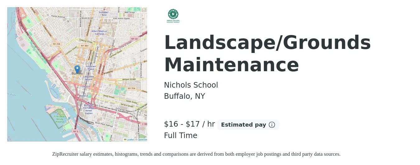Nichols School job posting for a Landscape/Grounds Maintenance in Buffalo, NY with a salary of $17 to $18 Hourly with a map of Buffalo location.