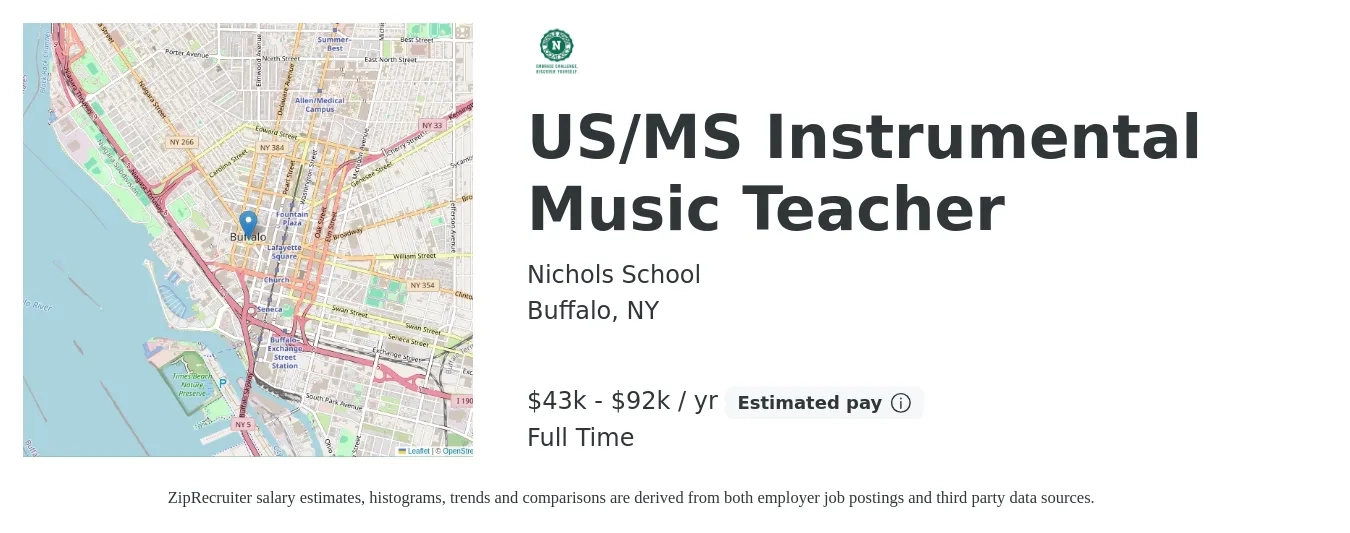 Nichols School job posting for a US/MS Instrumental Music Teacher in Buffalo, NY with a salary of $43,000 to $92,000 Yearly with a map of Buffalo location.