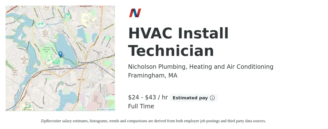 Nicholson Plumbing, Heating and Air Conditioning job posting for a HVAC Install Technician in Framingham, MA with a salary of $25 to $45 Hourly with a map of Framingham location.