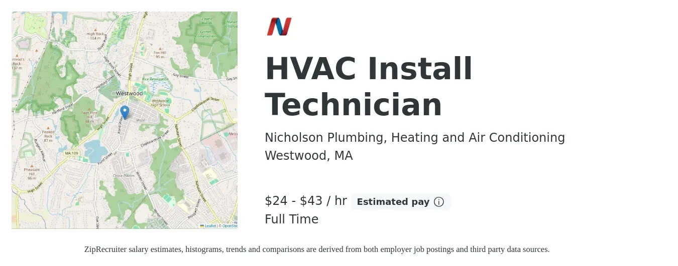Nicholson Plumbing, Heating and Air Conditioning job posting for a HVAC Install Technician in Westwood, MA with a salary of $25 to $45 Hourly with a map of Westwood location.