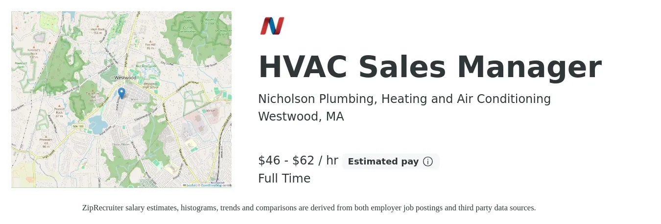 Nicholson Plumbing, Heating and Air Conditioning job posting for a HVAC Sales Manager in Westwood, MA with a salary of $100,000 to $135,000 Yearly with a map of Westwood location.