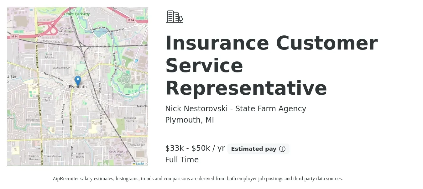 Nick Nestorovski - State Farm Agency job posting for a Insurance Customer Service Representative in Plymouth, MI with a salary of $33,000 to $50,000 Yearly with a map of Plymouth location.