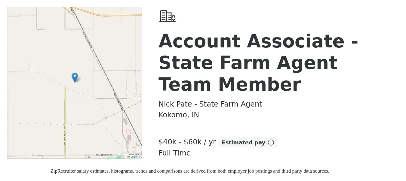 Nick Pate - State Farm Agent job posting for a Account Associate - State Farm Agent Team Member in Kokomo, IN with a salary of $40,000 to $60,000 Yearly with a map of Kokomo location.