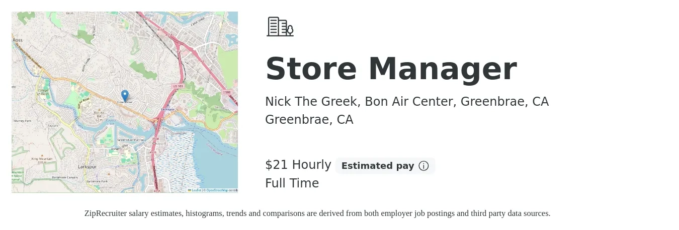 Nick The Greek, Bon Air Center, Greenbrae, CA job posting for a Store Manager in Greenbrae, CA with a salary of $22 Hourly with a map of Greenbrae location.
