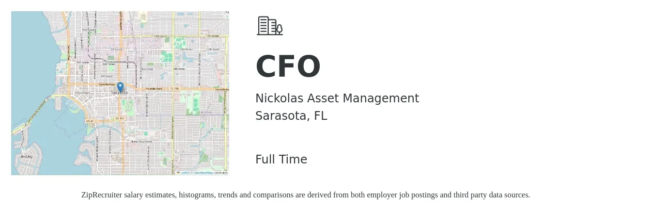 Nickolas Asset Management job posting for a CFO in Sarasota, FL with a salary of $135,900 to $385,500 Yearly with a map of Sarasota location.