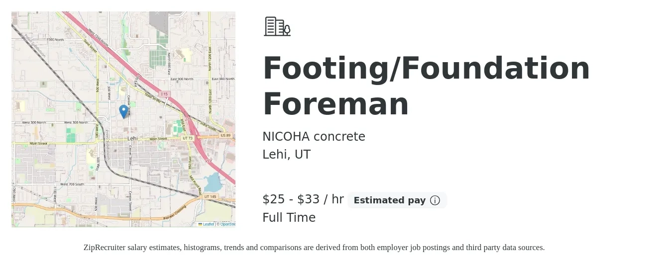 NICOHA concrete job posting for a Footing/Foundation Foreman in Lehi, UT with a salary of $27 to $35 Hourly with a map of Lehi location.