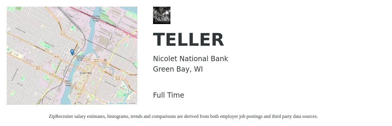 Nicolet National Bank job posting for a TELLER in Green Bay, WI with a salary of $16 to $20 Hourly with a map of Green Bay location.