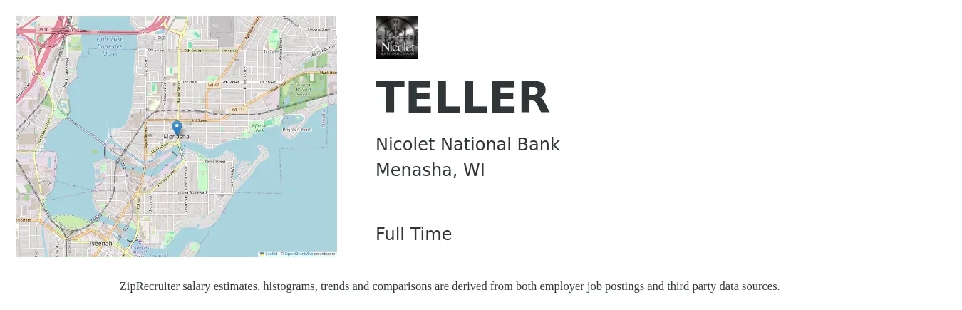 Nicolet National Bank job posting for a TELLER in Menasha, WI with a salary of $16 to $20 Hourly with a map of Menasha location.