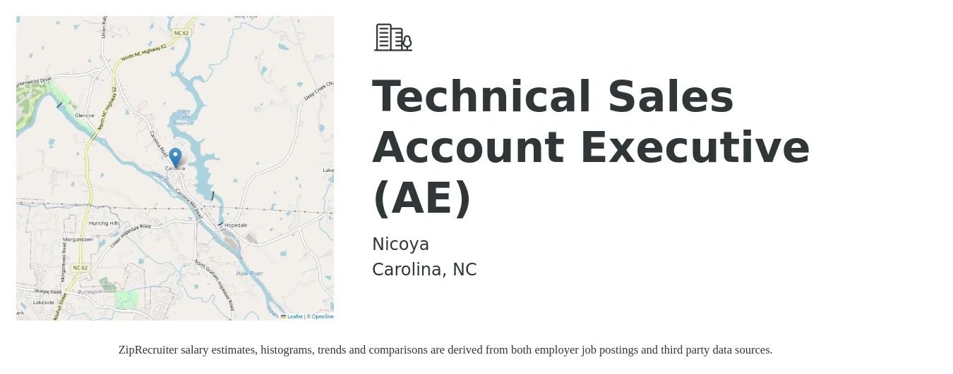 Nicoya job posting for a Technical Sales Account Executive (AE) in Carolina, NC with a salary of $48,000 to $84,500 Yearly with a map of Carolina location.