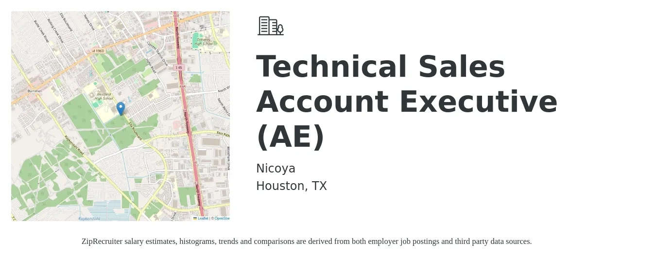 Nicoya job posting for a Technical Sales Account Executive (AE) in Houston, TX with a salary of $51,600 to $90,700 Yearly with a map of Houston location.