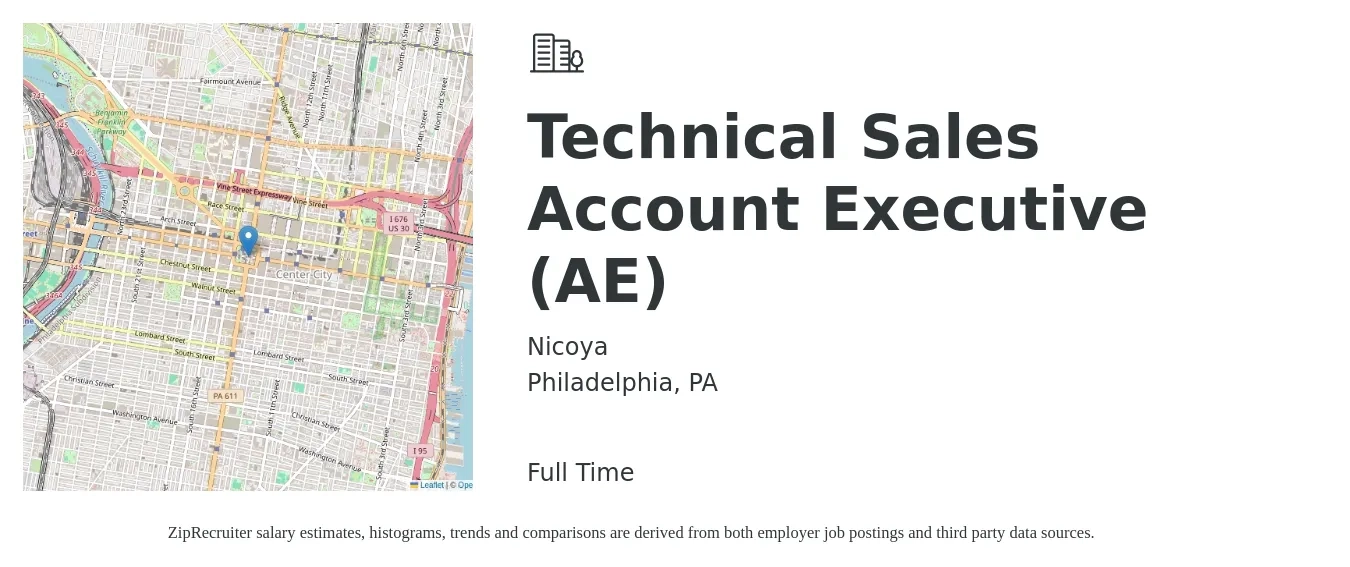 Nicoya job posting for a Technical Sales Account Executive (AE) in Philadelphia, PA with a salary of $54,500 to $95,900 Yearly with a map of Philadelphia location.