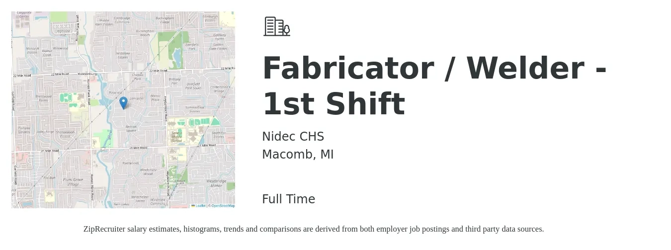 Nidec CHS job posting for a Fabricator / Welder - 1st Shift in Macomb, MI with a salary of $19 to $25 Hourly with a map of Macomb location.