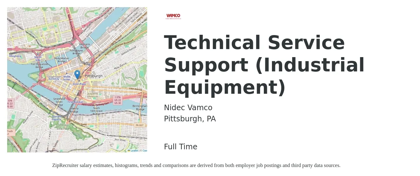 Nidec Vamco job posting for a Technical Service Support (Industrial Equipment) in Pittsburgh, PA with a salary of $20 to $31 Hourly with a map of Pittsburgh location.