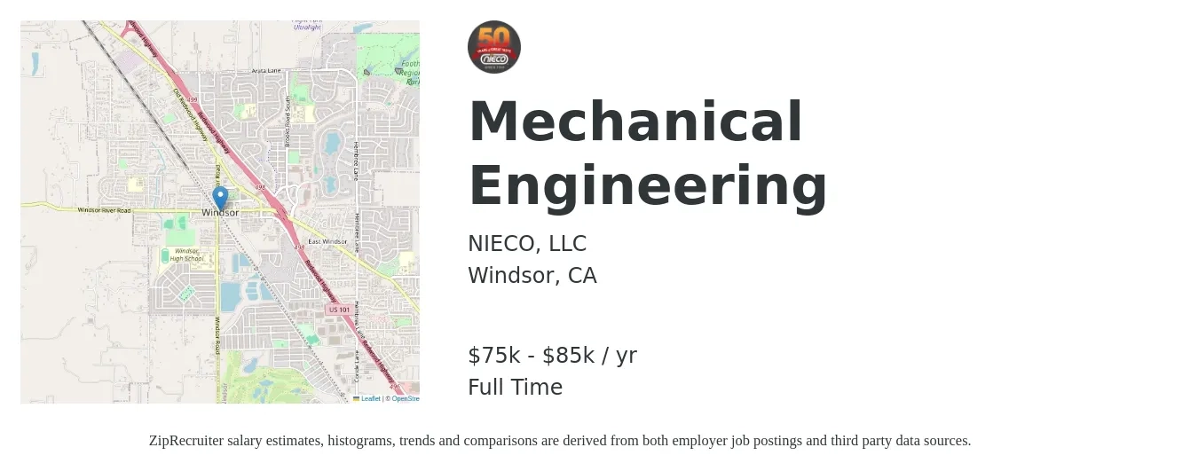 NIECO, LLC job posting for a Mechanical Engineering in Windsor, CA with a salary of $75,000 to $85,000 Yearly with a map of Windsor location.
