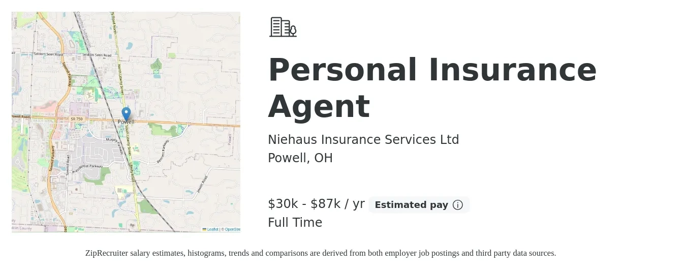 Niehaus Insurance Services Ltd job posting for a Personal Insurance Agent in Powell, OH with a salary of $30,000 to $87,000 Yearly with a map of Powell location.
