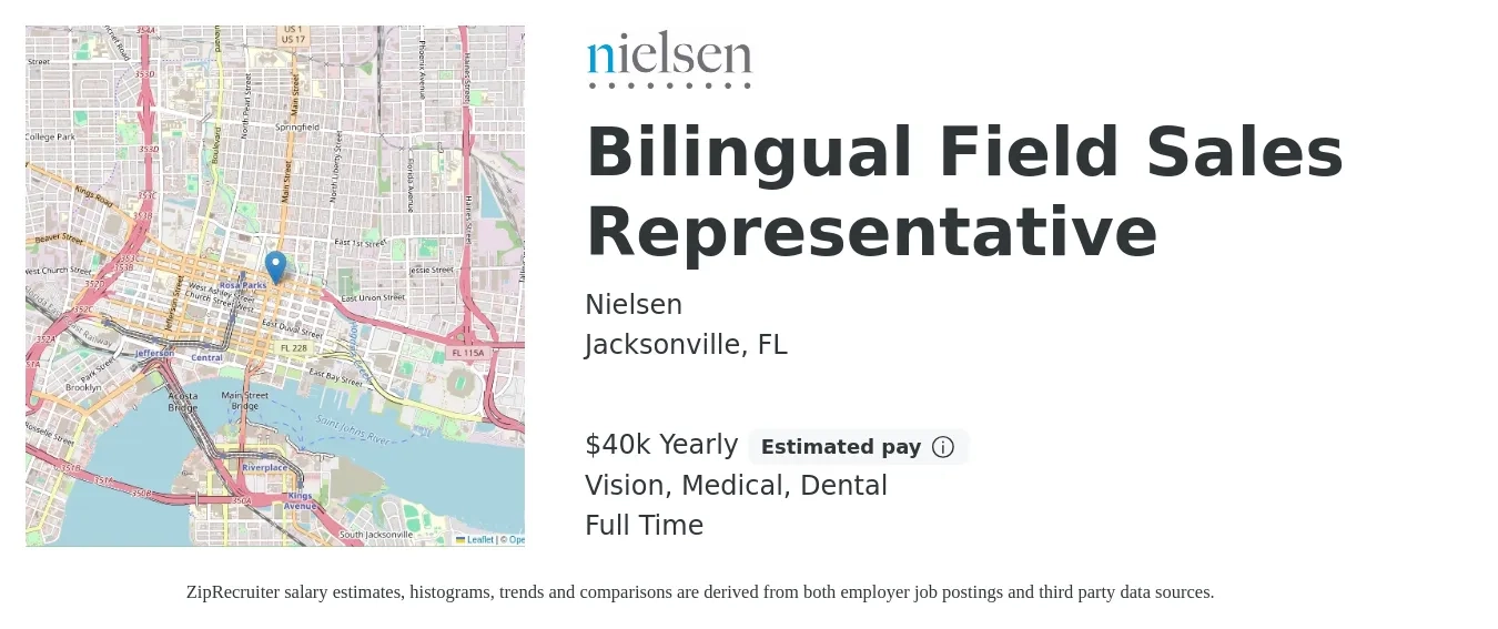 Nielsen job posting for a Bilingual Field Sales Representative in Jacksonville, FL with a salary of $40,000 Yearly (plus commission) and benefits including pto, retirement, vision, dental, life_insurance, and medical with a map of Jacksonville location.