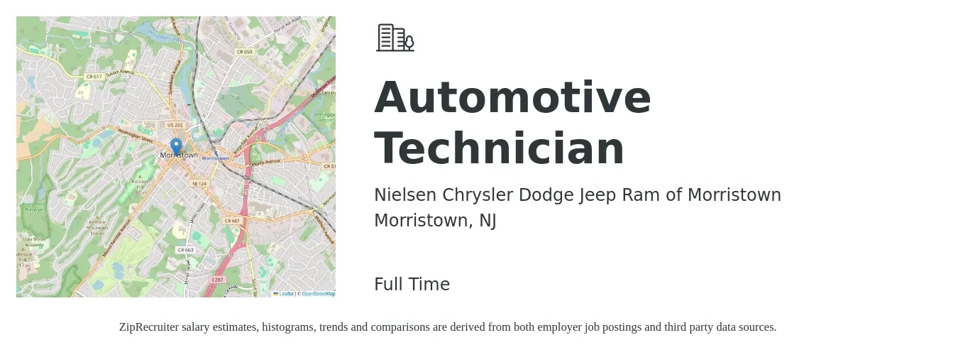 Nielsen Chrysler Dodge Jeep Ram of Morristown job posting for a Automotive Technician in Morristown, NJ with a salary of $22 to $36 Hourly with a map of Morristown location.
