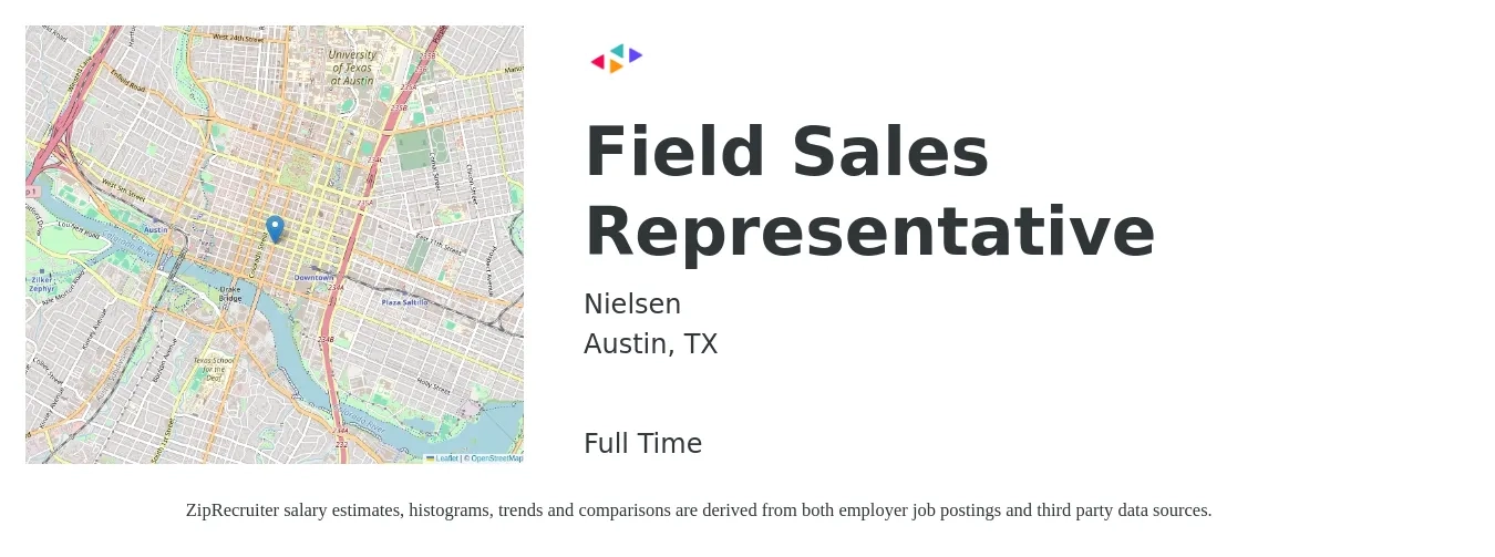 Nielsen job posting for a Field Sales Representative in Austin, TX with a salary of $43,500 Yearly and benefits including dental, life_insurance, medical, retirement, and vision with a map of Austin location.