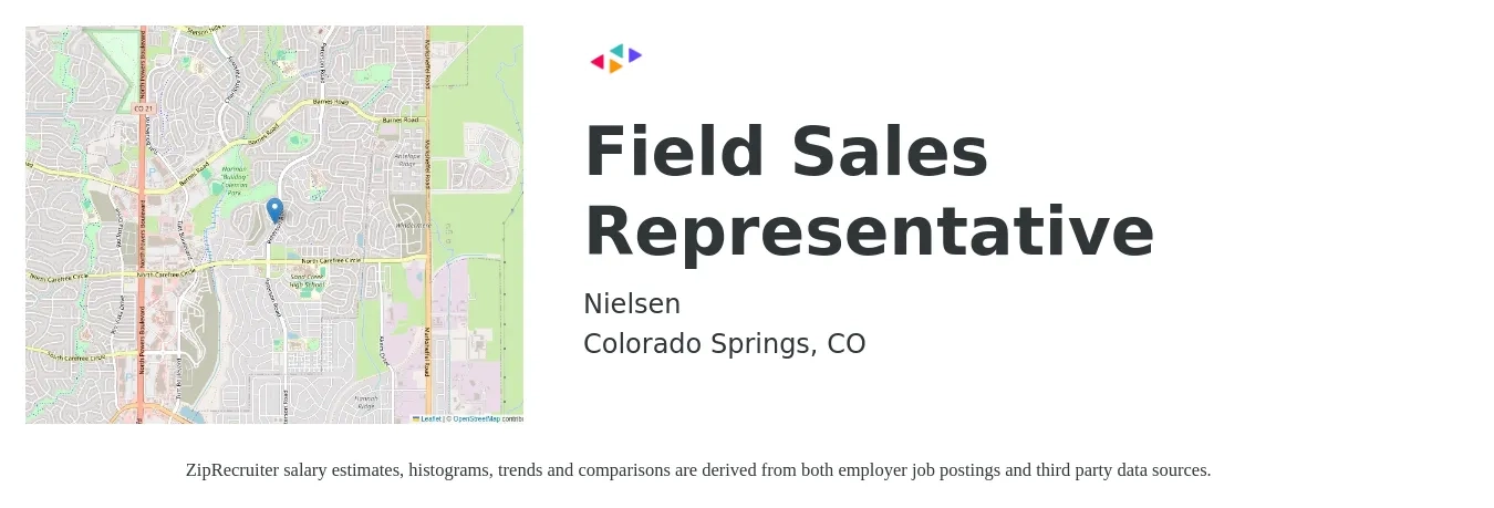 Nielsen job posting for a Field Sales Representative in Colorado Springs, CO with a salary of $43,500 Yearly and benefits including medical, retirement, vision, dental, and life_insurance with a map of Colorado Springs location.