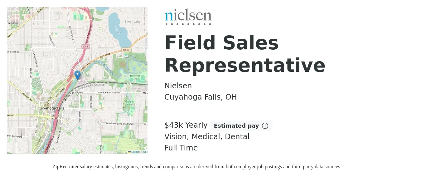 Nielsen job posting for a Field Sales Representative in Cuyahoga Falls, OH with a salary of $43,500 Yearly (plus commission) and benefits including retirement, vision, dental, life_insurance, and medical with a map of Cuyahoga Falls location.